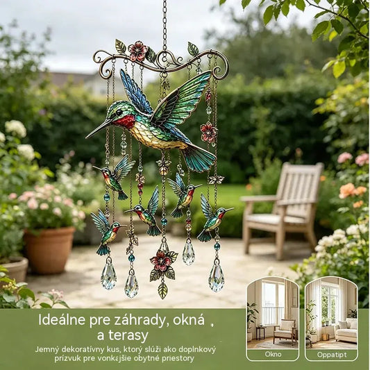 🐦 Campanillas de viento de cristal decoradas con colibríes y patrones pintados de estilo vintage.