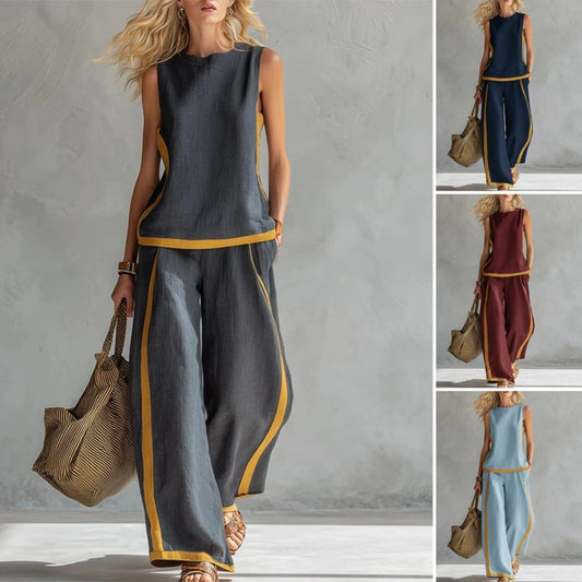 🔥Nový letní přírůstek! 😍2026 Nové módní dámské kalhoty bez rukávů s barevnými detaily a širokými kalhotami - Letní, ležérní, moderní dvoudílný set