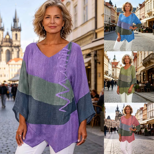⭐⏳ Poslední den – 50 % sleva 😍【S–5XL】Elegantní dámský ležérní top: výstřih do V, dlouhé rukávy, umělecký vzor