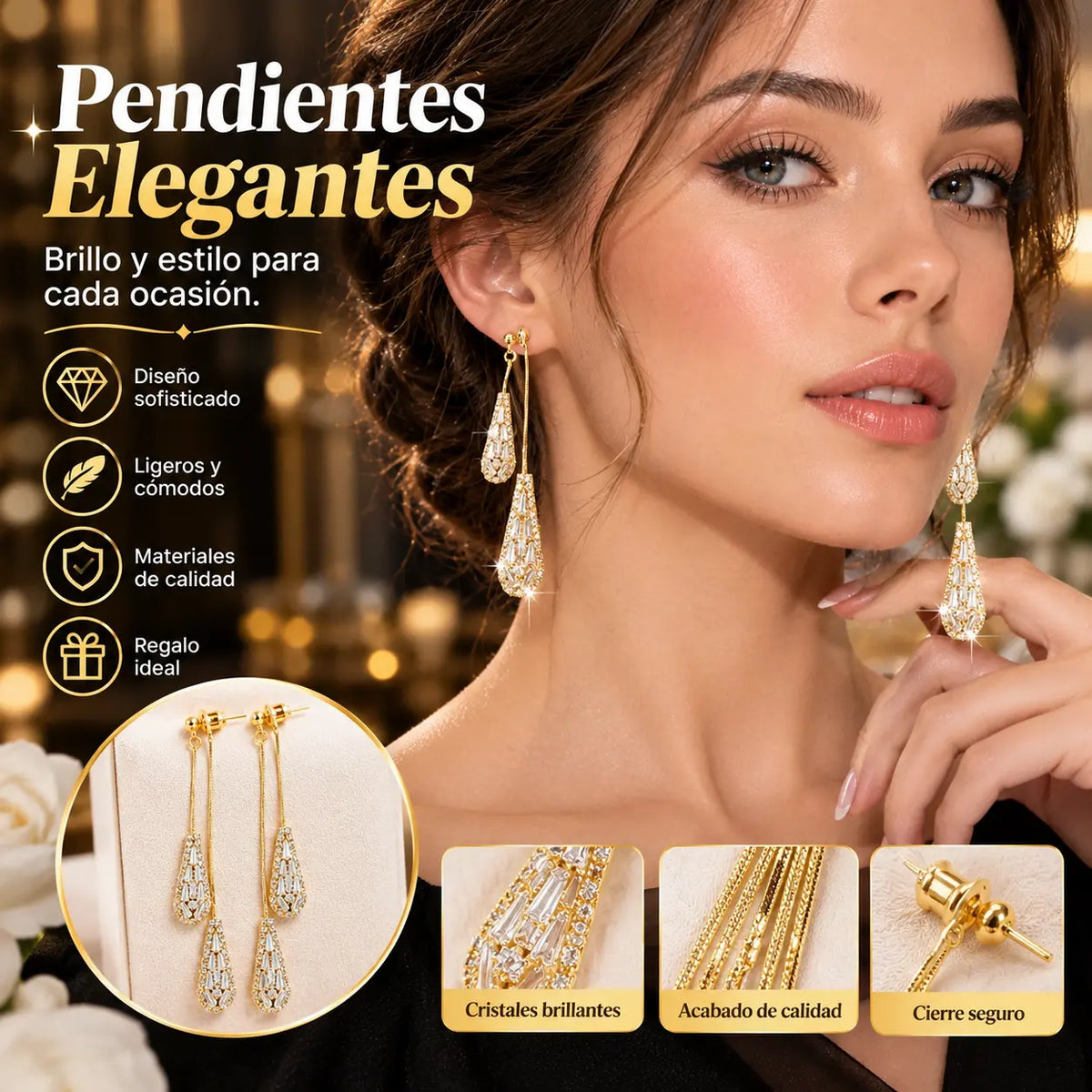 📢📢¡¡50% de descuento!! ⏰Pendientes de borla con circonita en forma de gota para mujer (diseño versátil)✨Elegantes pendientes colgantes chapados en oro