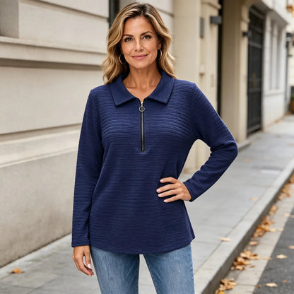 ✨【S–5XL / 5 barev】Jednobarevný dámský top se stylovým plisováním, límcem typu Peter Pan, zapínáním na zip a klasickým střihem ramen.
