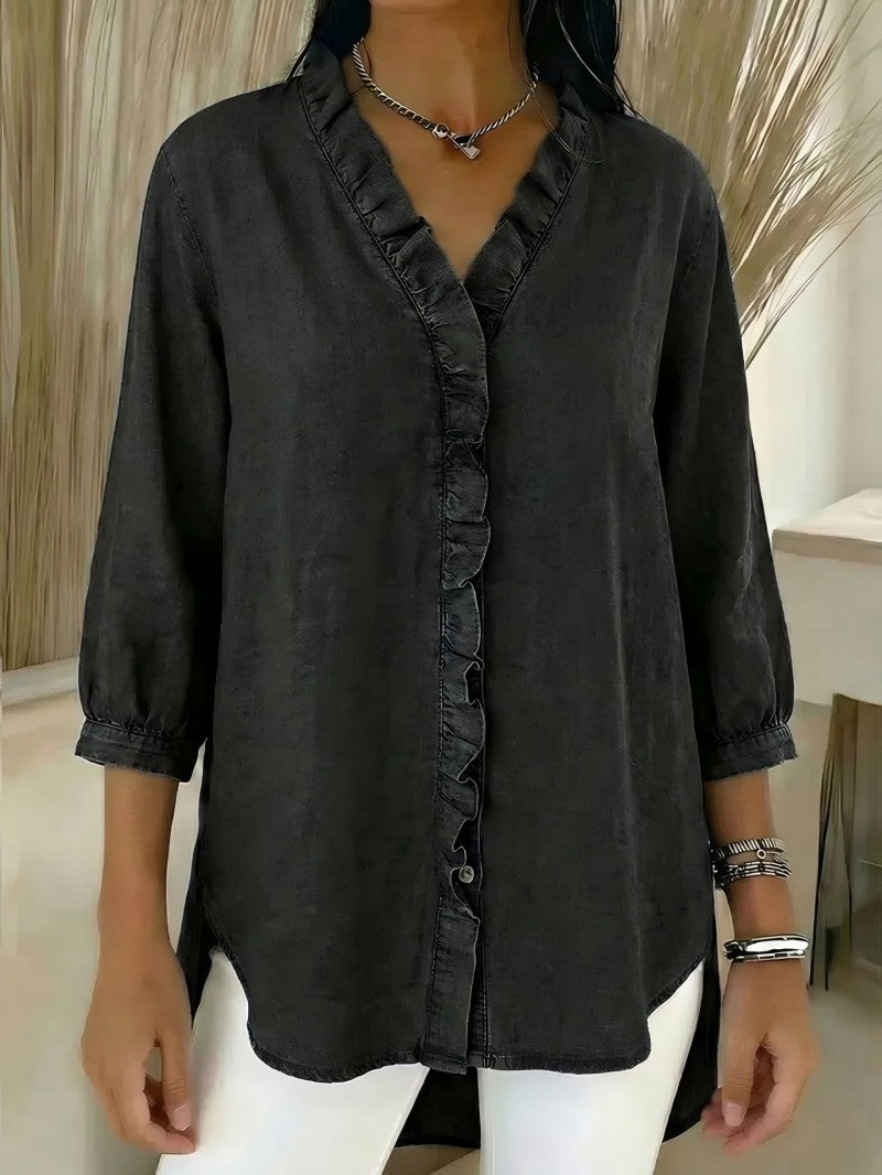 🔥 Pago contra reembolso ✅️【40-100kg】Camisa vaquera informal para mujer con cuello en V y volantes-4286615