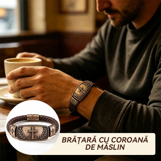 🎁Pulsera de cuero trenzado para hombre con cruz y corona de olivo, metal antiguo vintage, regalo especial