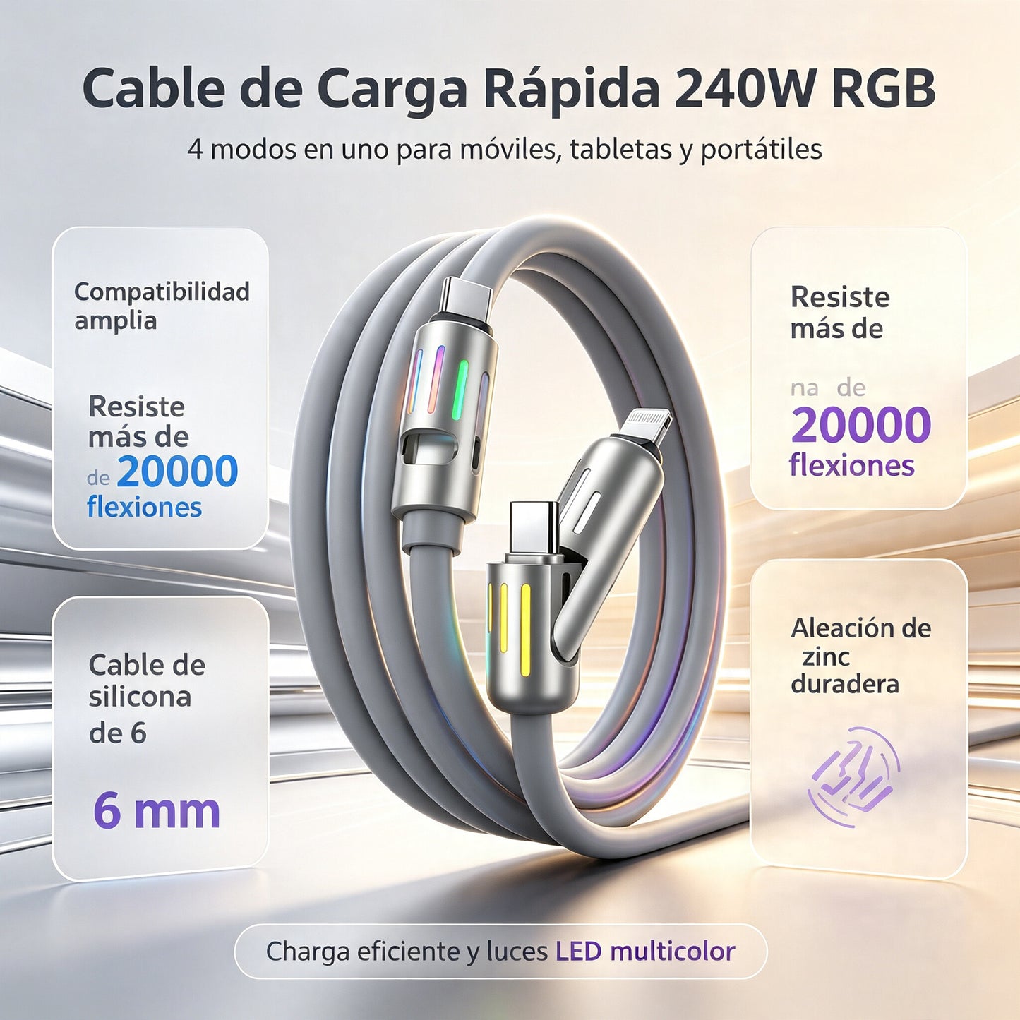 🔥 【2 unidades por 26 euros】 🔥 (2 metros de largo) Cable 4 en 1 PD 240 W – Carga rápida USB‑C, Lightning y USB‑A, aluminio y silicona, sincronización de datos ⚡📱-4330160