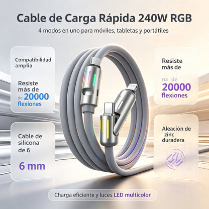 🔥 【2 unidades por 26 euros】 🔥 (2 metros de largo) Cable 4 en 1 PD 240 W – Carga rápida USB‑C, Lightning y USB‑A, aluminio y silicona, sincronización de datos ⚡📱-4330160
