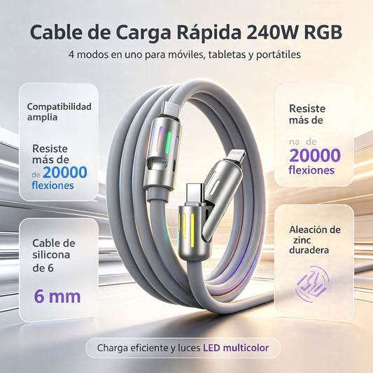 🔥 【2 unidades por 26 euros】 🔥 (2 metros de largo) Cable 4 en 1 PD 240 W – Carga rápida USB‑C, Lightning y USB‑A, aluminio y silicona, sincronización de datos ⚡📱-4330160