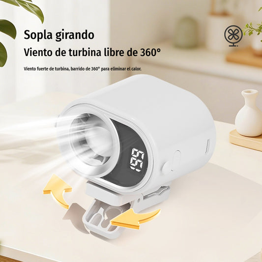 🌀 Ventilador manos libres con pantalla LED, clip integrado y 199 niveles de ajuste