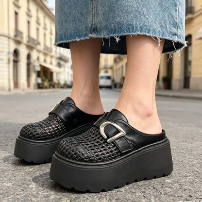 Zuecos con plataforma track para verano: diseño de tejido calado transpirable, estilo retro moderno, tallas 35-40