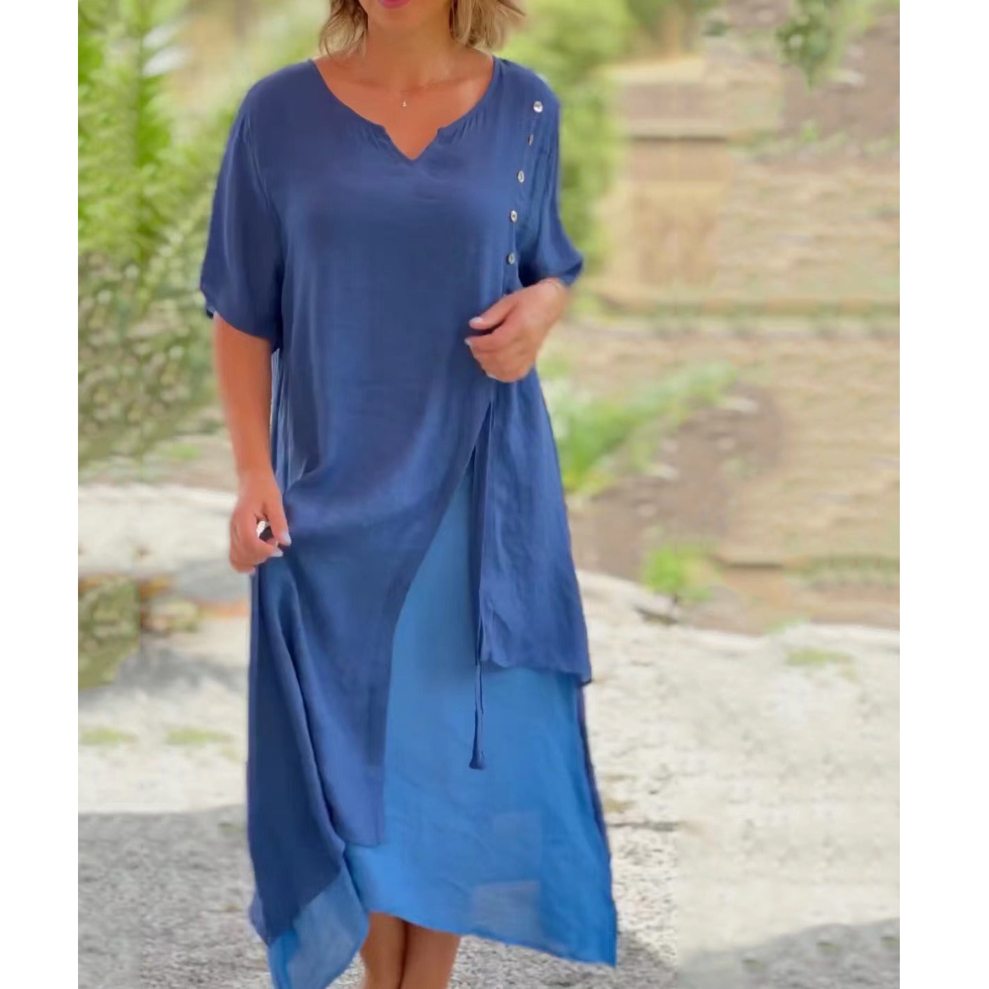 🔥💗【S-4XL】✨Elegantní dvoudílné bavlněné šaty 2 v 1 s výstřihem do V, asymetrickým střihem – Styl 2026 🌟👗