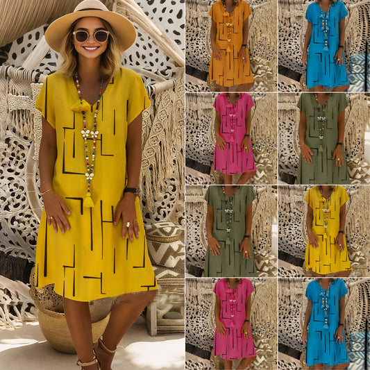 【50% OFF】 【🚚 Envío Gratis y Pago Contra Reembolso】 👗 【S-5XL】 Vestido de algodón estampado con cuello en V