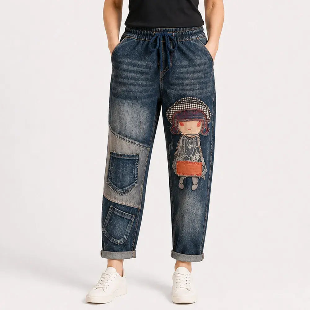 Dámské volné džíny v retro stylu s nášivkou a elastickým pasem – džíny typu harem v originálním stylu (velikosti S–5XL, 2 barvy) 👖✨🍂