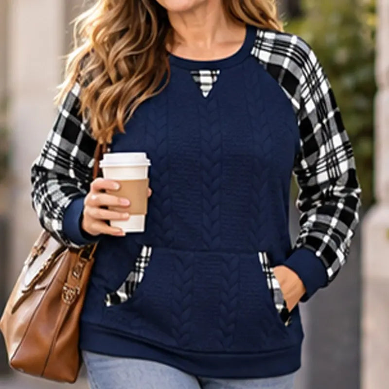 【S–2XL / 6 barev】Podzimní/zimní svetr s kostkovaným vzorem – západní styl, volný střih, dlouhé rukávy, kulatý výstřih, patchwork