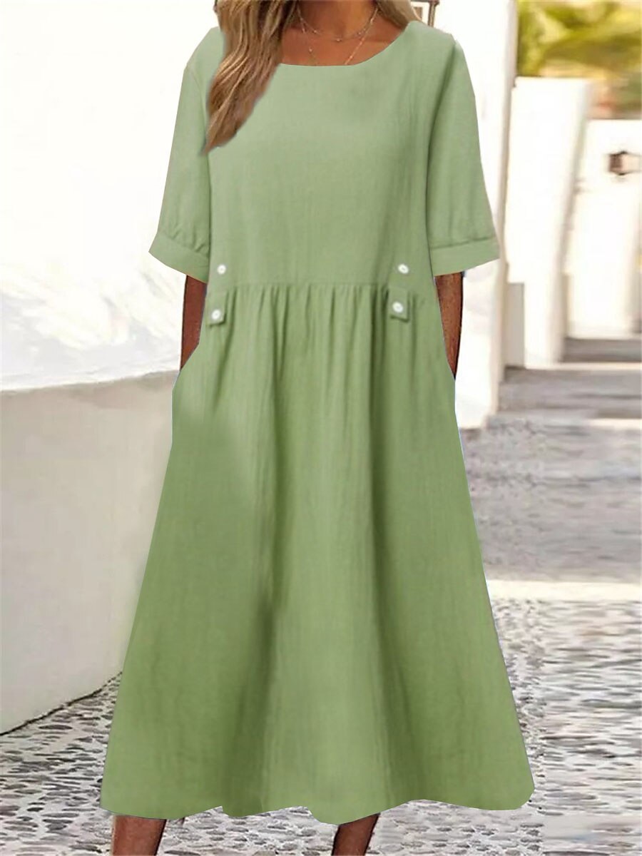 👕【M-3XL】Nuevo vestido de lino y algodón con cuello redondo, transpirable y cómodo, con efecto adelgazante.