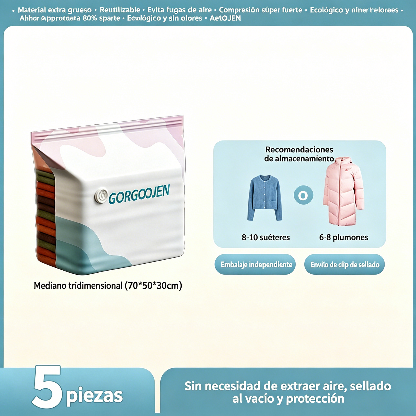 (5 artículos por 27 euros ) Bolsa de almacenamiento al vacío grande y compresible: no requiere bomba, es a prueba de fugas e ideal para ahorrar espacio en maletas y en casa