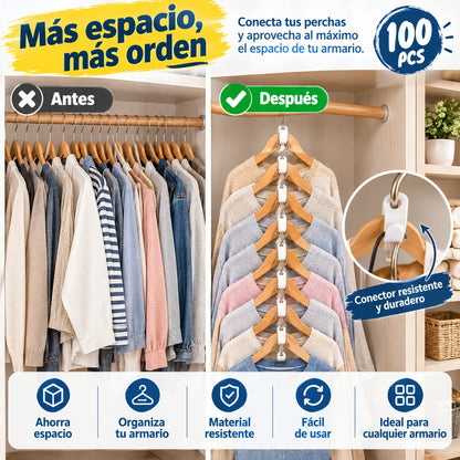 👕✨【Paquete de 100】Conectores para perchas que ahorran espacio: Duplican el espacio de almacenamiento de tu armario, resistentes y duraderos.