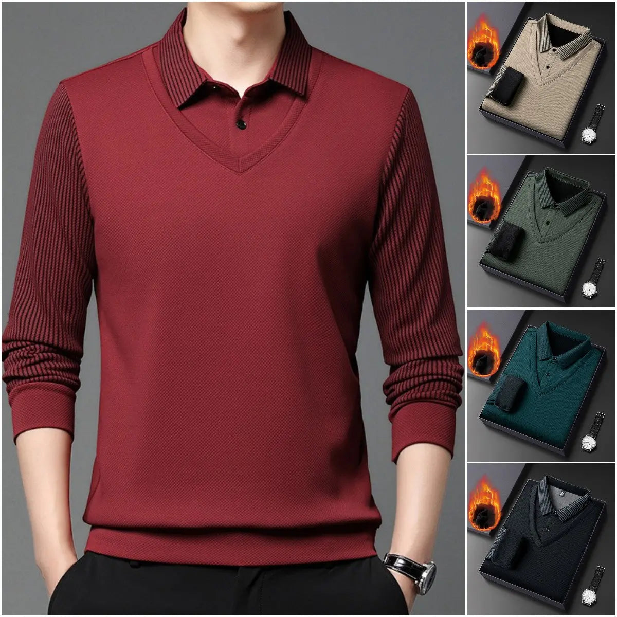 【M–4XL】 Dvoudílné tričko POLO s falešnými patchworkovými pruhy