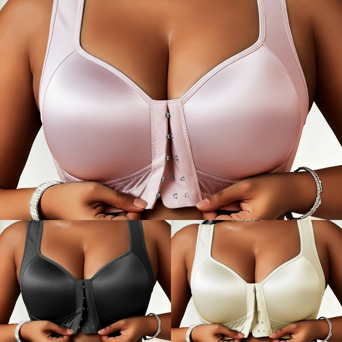 😍👙【3 piezas】【40-100 kg】Sujetador con escote bajo, sin aros, con cierre frontal y anticaída