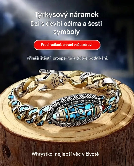 ✨ Retro náramek se šestimístným tyrkysem a mantrou ze stříbra ryzosti 925 s posuvnými korálky