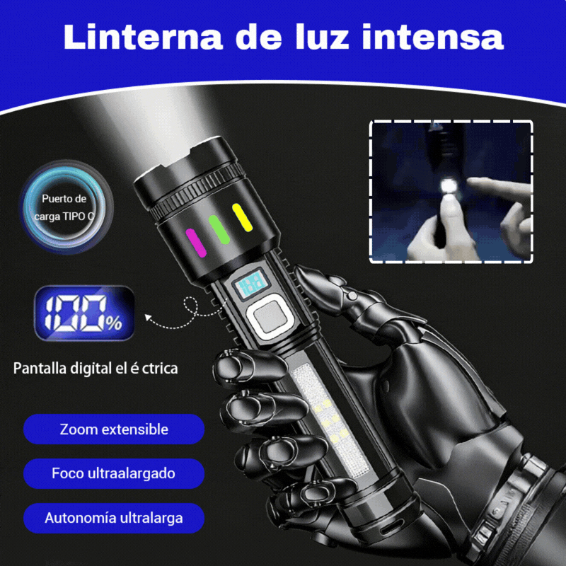 💡Linterna de alta potencia, carga al aire libre, batería de larga duración, láser blanco, zoom telescópico, alcance ajustable, linterna de emergencia.