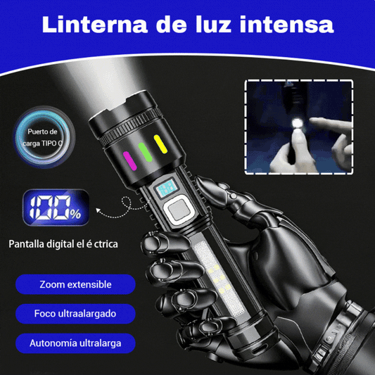 💡Linterna de alta potencia, carga al aire libre, batería de larga duración, láser blanco, zoom telescópico, alcance ajustable, linterna de emergencia.