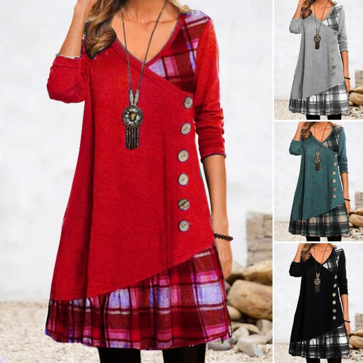 💟【Nový příchod na podzim】👗[S-3XL] 2025 nové elegantní kostkované šaty s výstřihem do V a dlouhým rukávem-4116320