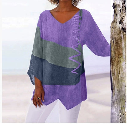 ⭐⏳ Poslední den – 50 % sleva 😍【S–5XL】Elegantní dámský ležérní top: výstřih do V, dlouhé rukávy, umělecký vzor