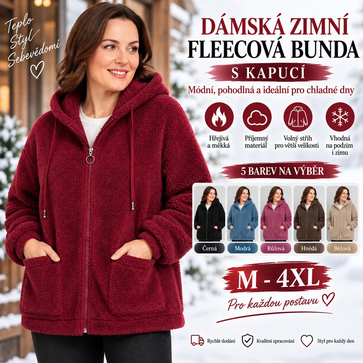 🔥✨【M–4XL】2026 Nová zimní dámská módní plus size vlněná fleecová bunda s kapucí