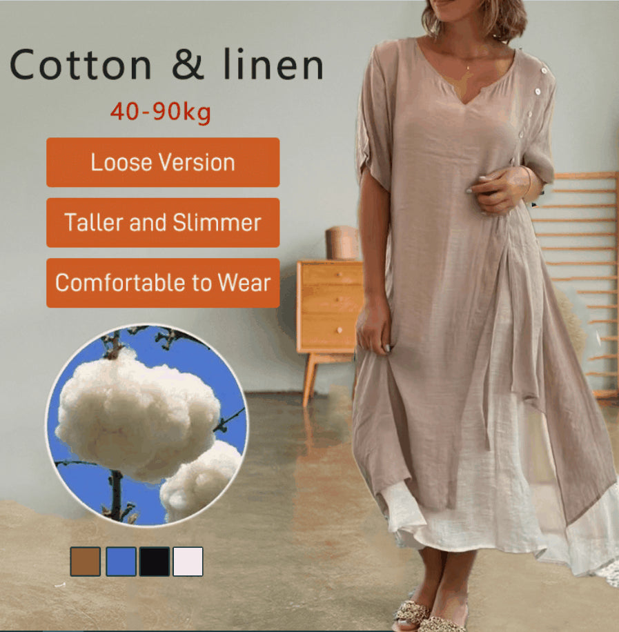 🔥💗【S-4XL】✨Elegantní dvoudílné bavlněné šaty 2 v 1 s výstřihem do V, asymetrickým střihem – Styl 2026 🌟👗