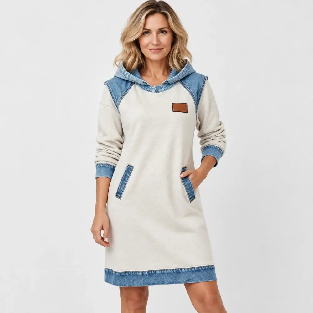 🔥⛄【50 % sleva✨】🌷🌞 Nové zimní módní džínové šaty s kapucí z patchworku