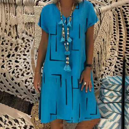 【50% OFF】 【🚚 Envío Gratis y Pago Contra Reembolso】 👗 【S-5XL】 Vestido de algodón estampado con cuello en V