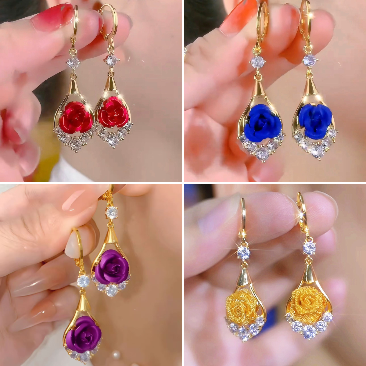 🌹✨【4 szett】Luxus, elegáns, gyémántokkal kirakott rózsa fülbevalók - 4186384