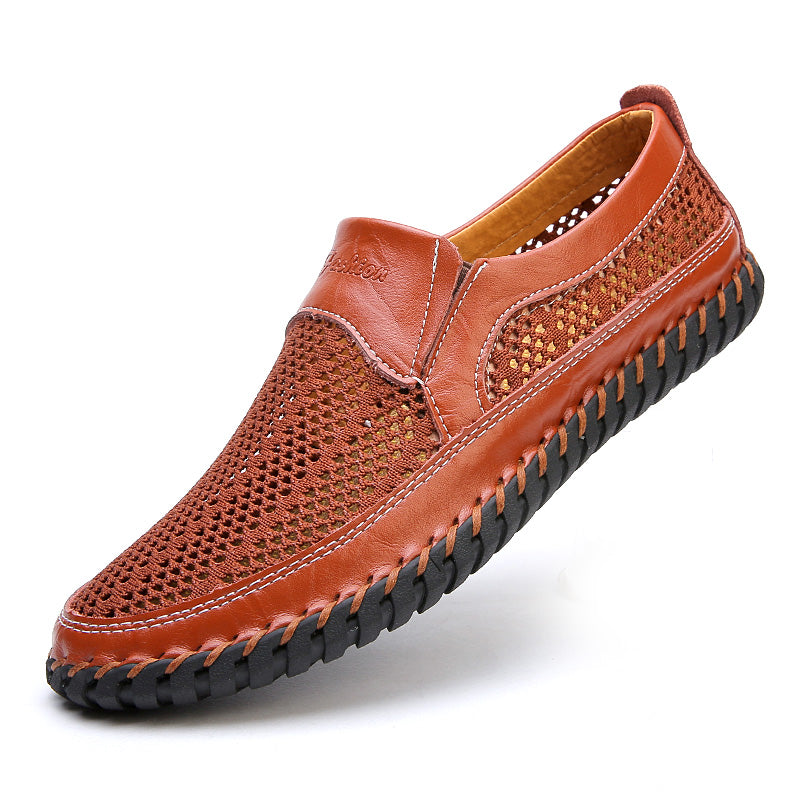 【38-48】👞Nuevos zapatos de malla y cuero para hombre, primavera/verano - Tallas grandes - Cuero genuino de vaca, resistentes al sudor y al olor, transpirables y cómodos.