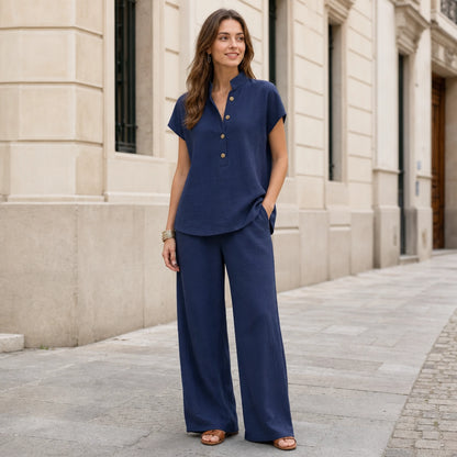 🔥【¡Oferta al 50%!!】✨Conjunto de mujer de lino y algodón: blusa de manga corta y pantalón ancho, estilo casual elegante de verano