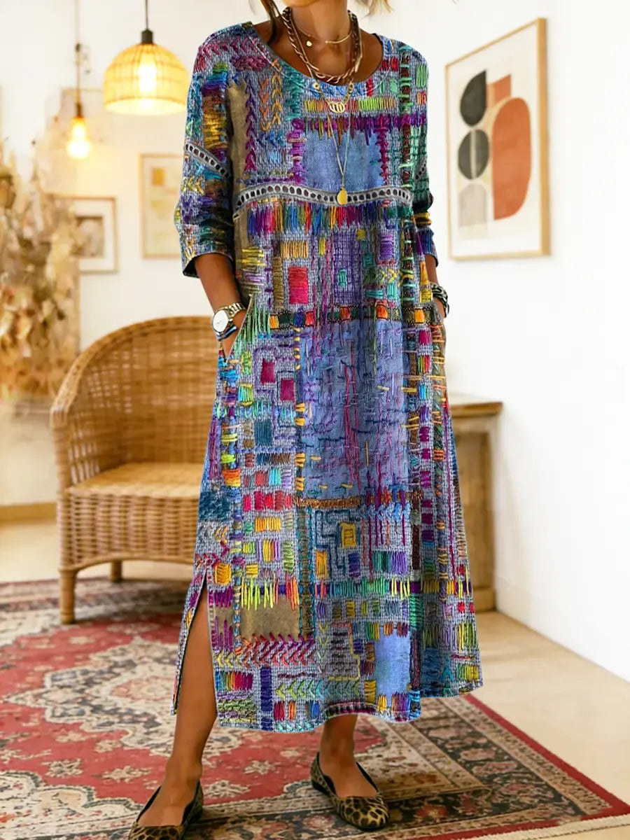Manuela | Vestido Maxi Bohemio con Estampado de Patchwork Étnico