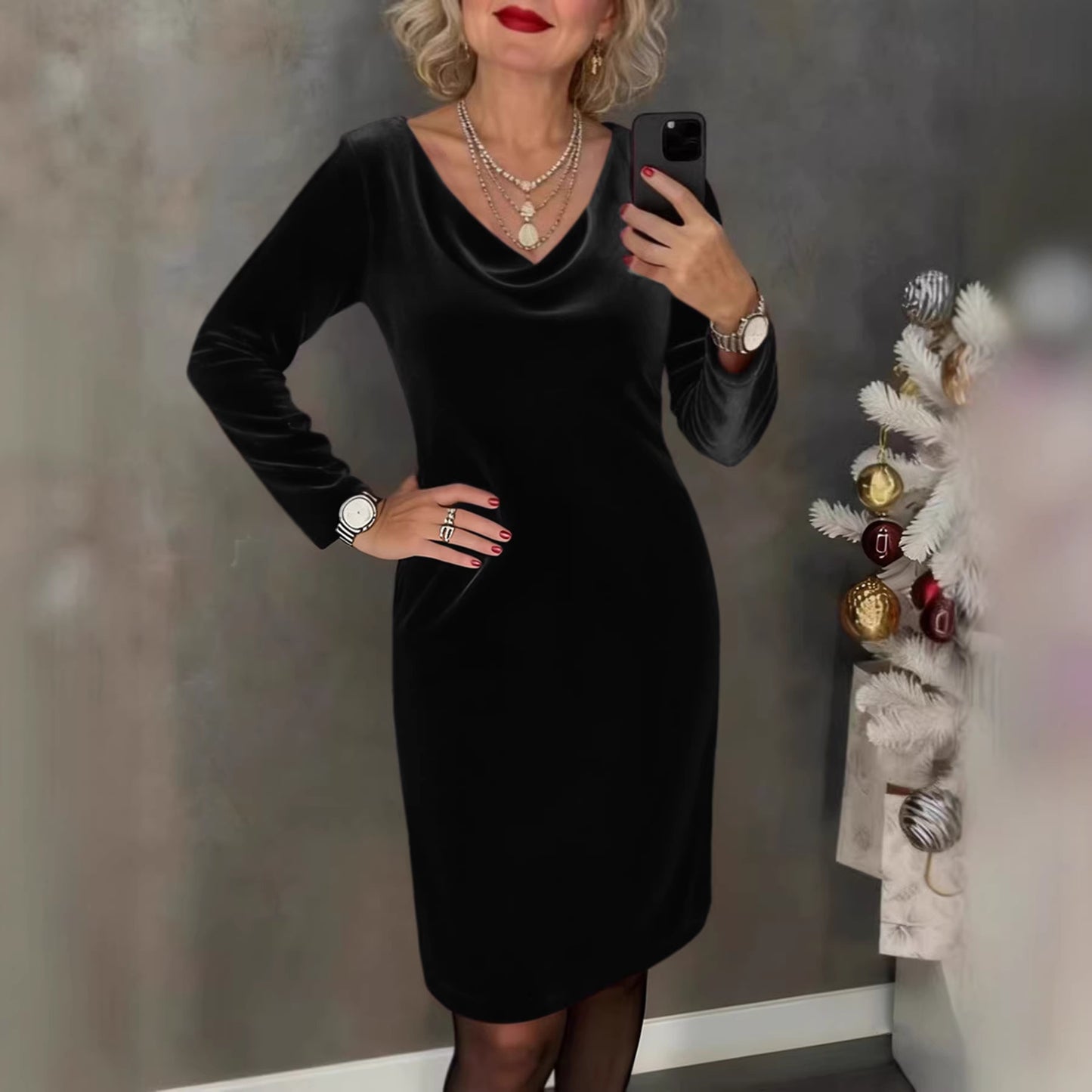 ✨ Sukienka z weluru 2026 | Długie rękawy | Seksuacyjny & Elegancki Styl ✨ - 4202347