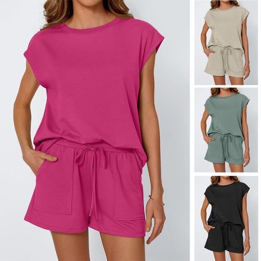 Ingyenes szállítás ✨S-XL🌸 Új, kerek nyakú, bő, rövid ujjú, kétrészes szett