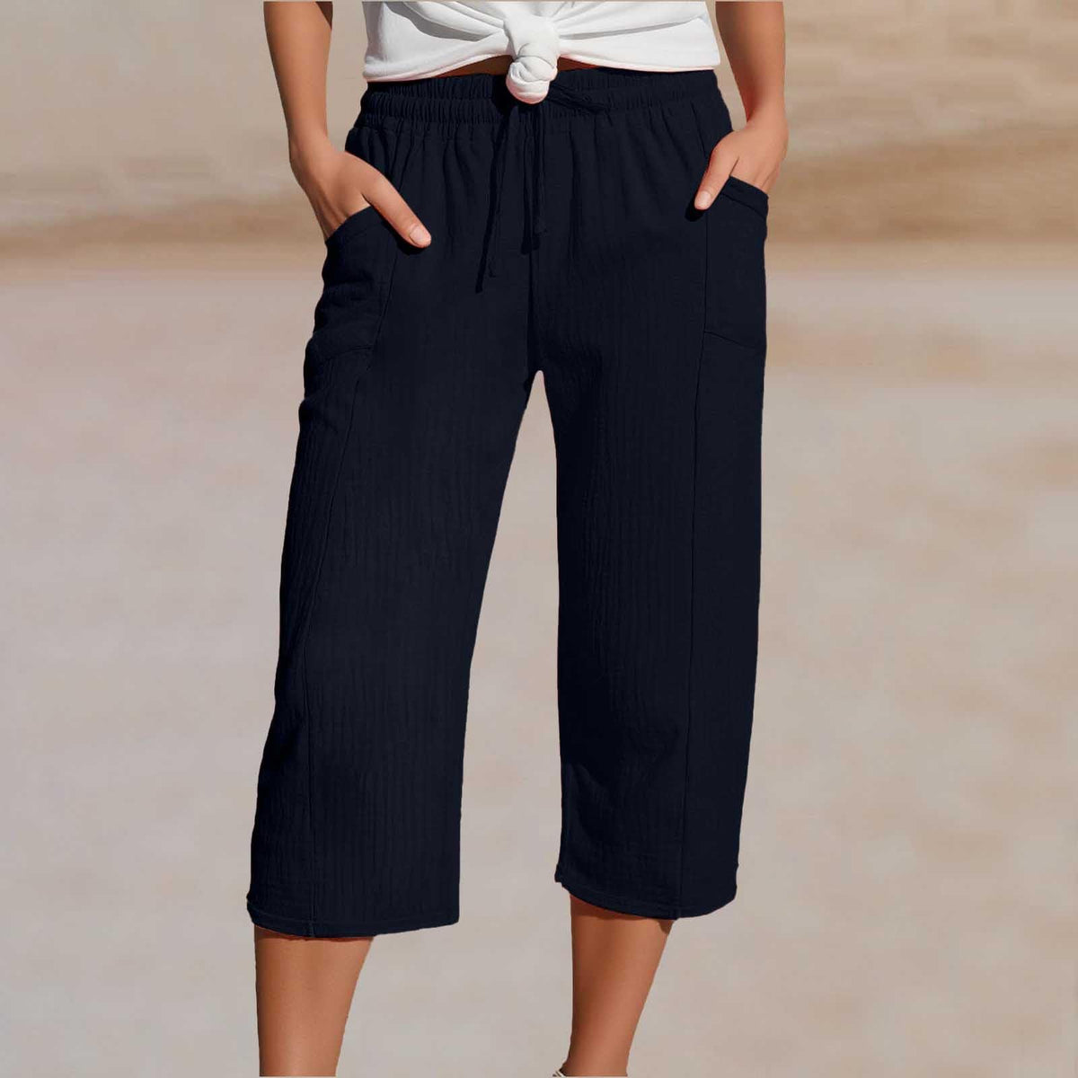 🌸【Compra 1 y llévate 1 gratis】Pantalones cropped plisados de color sólido para mujer, de algodón y lino