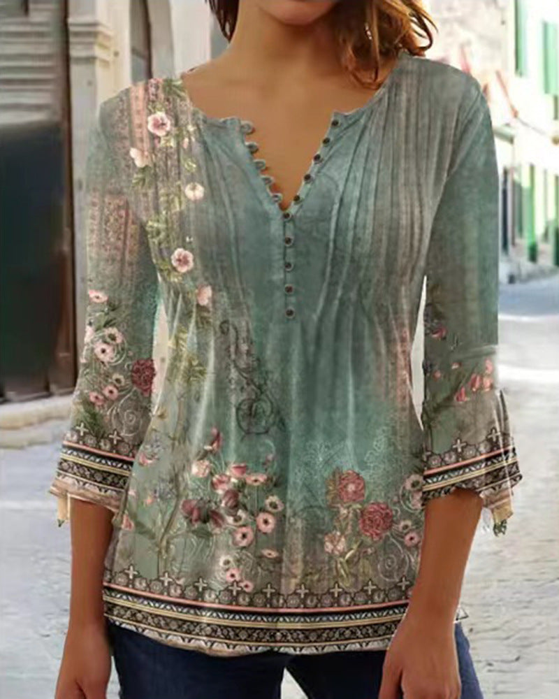 🌸✨【S-5XL】🌺Top con cuello en V y mangas florales, estilo delicado y romántico