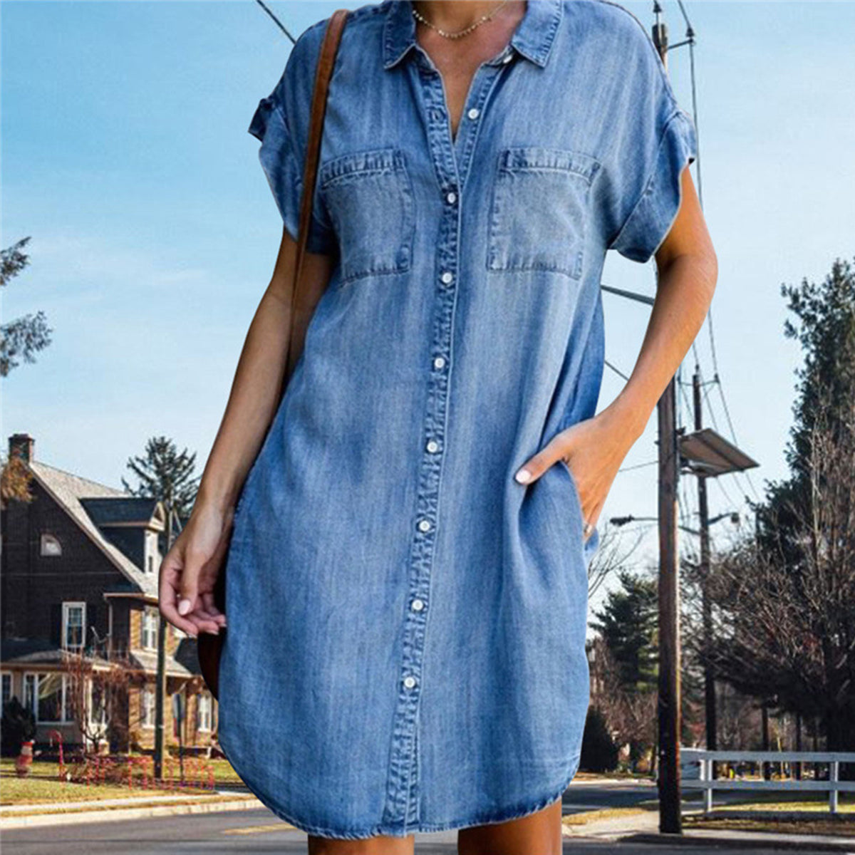 🔥【Sleva 50 %】【Kupte 1 a získejte 1 zdarma】【S-5XL】Dámské džínové šaty s krátkým rukávem-4045164