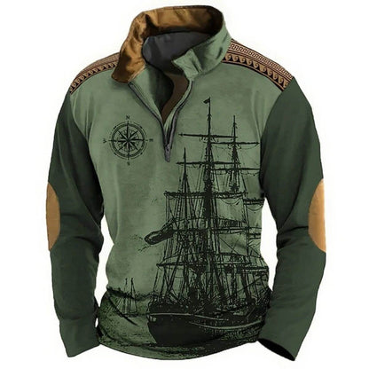 🌟【S-5XL】Nová módní pánská mikina s dlouhým rukávem a potiskem v národním stylu, poloviční zip