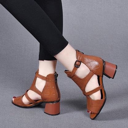 👡✨【35-40】Νέα σανδάλια από μαλακό δέρμα, με στυλ «ψαροκόκαλο», «ψαροστόμα», «κενό στόμα» και χοντρό τακούνι