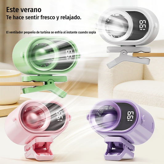 🌀 Ventilador manos libres con pantalla LED, clip integrado y 199 niveles de ajuste