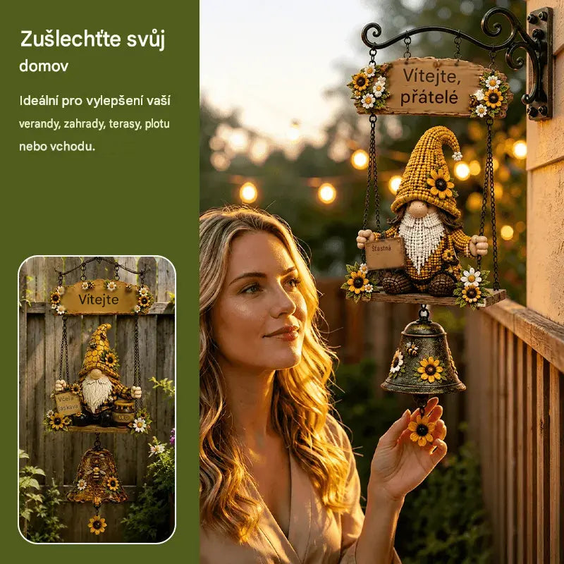 Vítací zvonek se zahradním trpaslíkem, cedulka „Welcome“, retro zvonek z bronzu, železný nástěnný držák, dekorace na zahradu a terasu