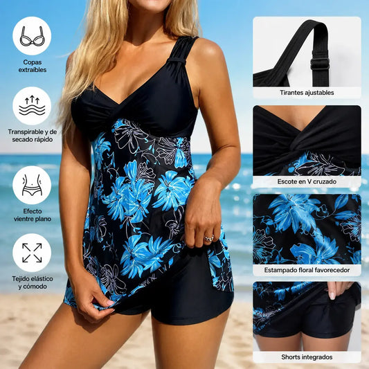 🌴🏖️🌈【50% de descuento 🔥】Conjunto de baño para mujer plus size con estampado, espalda descubierta y secado rápido