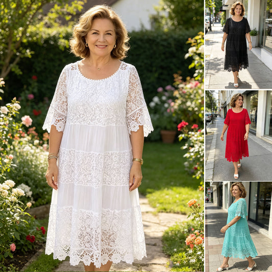 【S-5XL】2026 Nuevo vestido camiseta de manga corta, cuello redondo y encaje.【40-120kg】