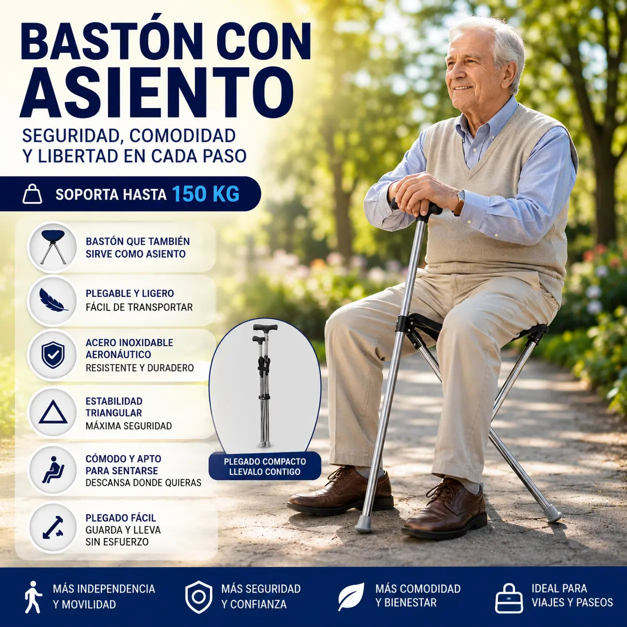 ✨Bastón plegable 2 en 1 con silla, Las muletas son anticaídas, plegables y portátiles✅