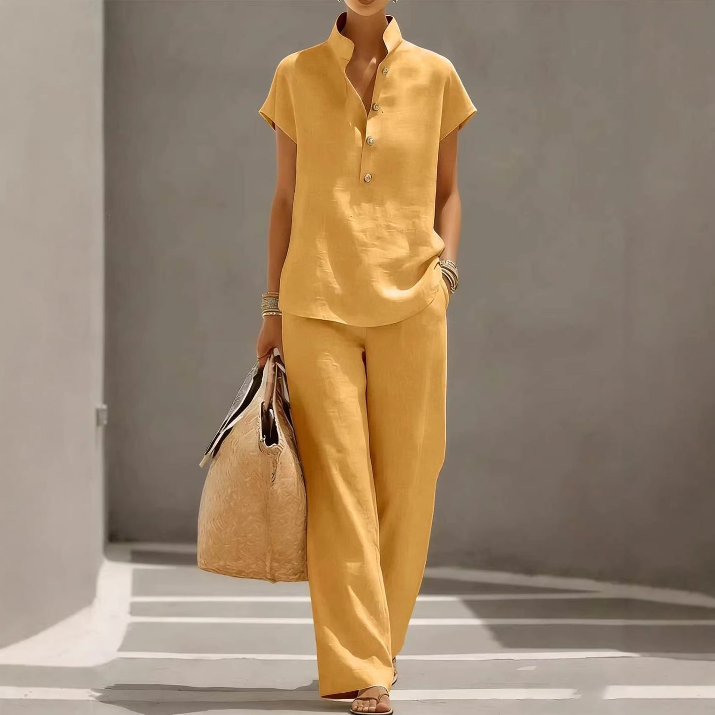 🔥【¡Oferta al 50%!!】✨Conjunto de mujer de lino y algodón: blusa de manga corta y pantalón ancho, estilo casual elegante de verano
