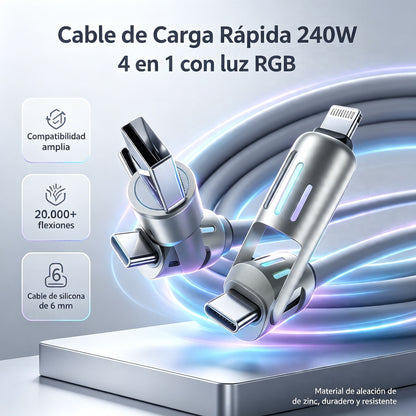🔥 【2 unidades por 26 euros】 🔥 (2 metros de largo) Cable 4 en 1 PD 240 W – Carga rápida USB‑C, Lightning y USB‑A, aluminio y silicona, sincronización de datos ⚡📱-4330160