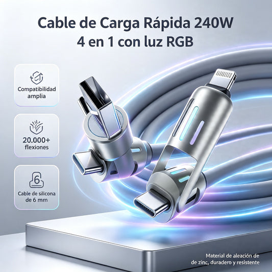 🔥 【2 unidades por 26 euros】 🔥 (2 metros de largo) Cable 4 en 1 PD 240 W – Carga rápida USB‑C, Lightning y USB‑A, aluminio y silicona, sincronización de datos ⚡📱-4330160