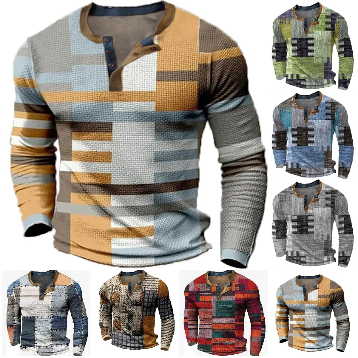 🌴🌈【S-4XL】👔😍 Νέα συλλογή ανδρικών πουκάμισων με τύπωμα, μακριά μανίκια, χαλαρό στυλ Henry, διαθέσιμα σε διάφορα χρώματα